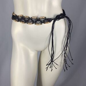 Vintage‎ 00s y2k Woven Macramé Boho Brown Faux Leather Tie Rope Belt with Wooden